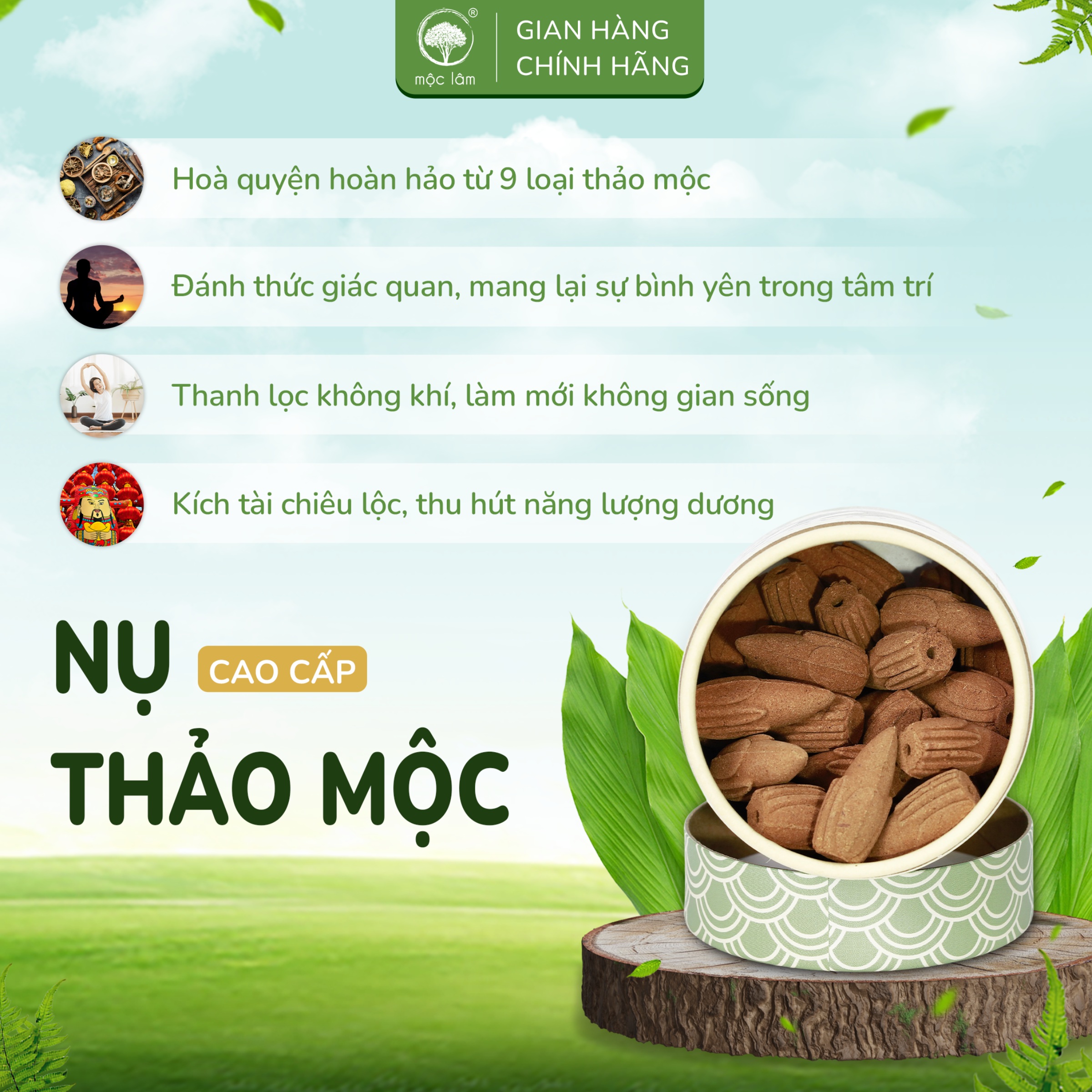 Nhang Nụ Thảo Mộc 100g - MỘC LÂM, Nhang Nụ từ Thảo Dược Khói Ngược Cao Cấp Xông Nhà Thanh Tẩy