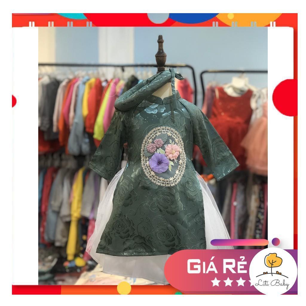 Set áo dài lụa đính hoa, gồm áo, chân váy, mấn. Size 2-8T