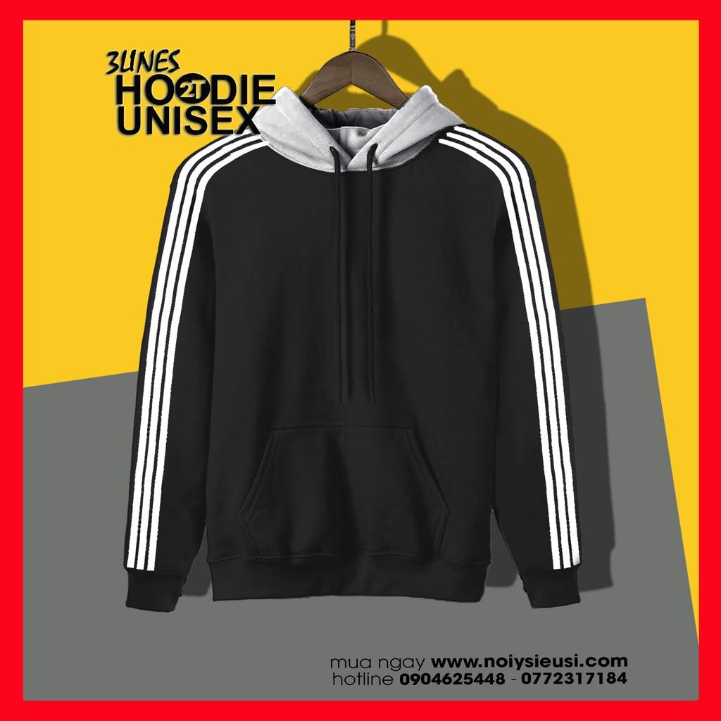 Áo Hoodie 3Lines nón xám unisex 2T Store H3L03 màu đen khoác nỉ chui đầu 3 sọc nón may 2 lớp dày dặn chất lượng