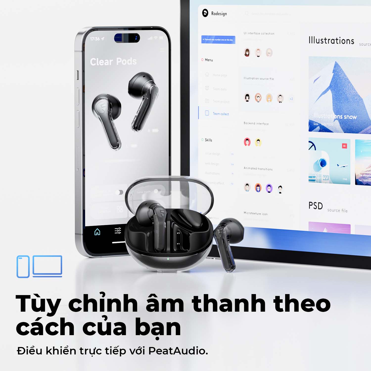Tai nghe True Wireless SoundPEATS ClearPods | Trong suốt Trendy | Mic Kép ENC | Bluetooth 5.3 - Hàng Chính Hãng