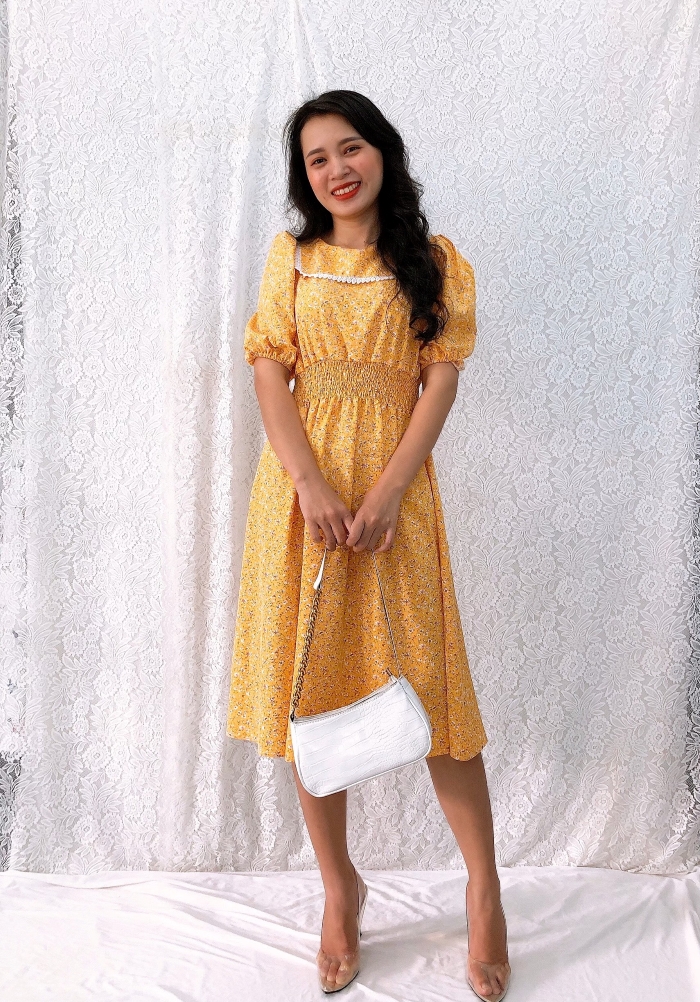 Đầm xòe dài hoa nhí S&M nhún thun eo, cổ phối ren siêu xinh, trẻ trung GR178