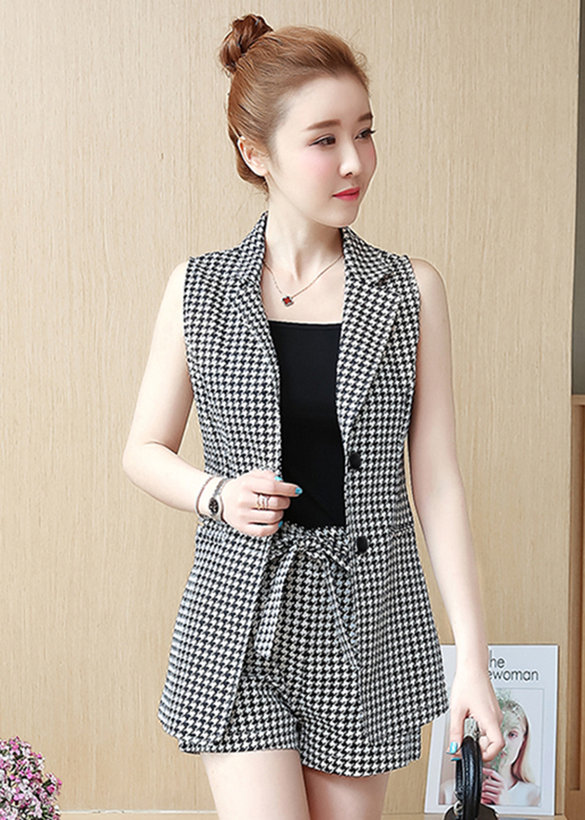 Set bộ 3 món in họa tiết caro kiểu áo giả vest quần short S3032T