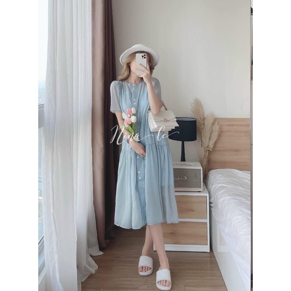 Đầm babydoll tiểu thư cổ tròn cài nút nhún tầng xinh xắn