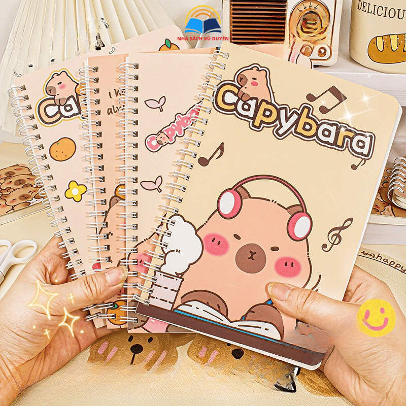 Lốc 4 Cuốn Sổ Tay Lò Xo A5 Hình Capybara Dễ Thương – Bìa Mềm, Giấy Dòng Kẻ Ghi Chép Học Tập
