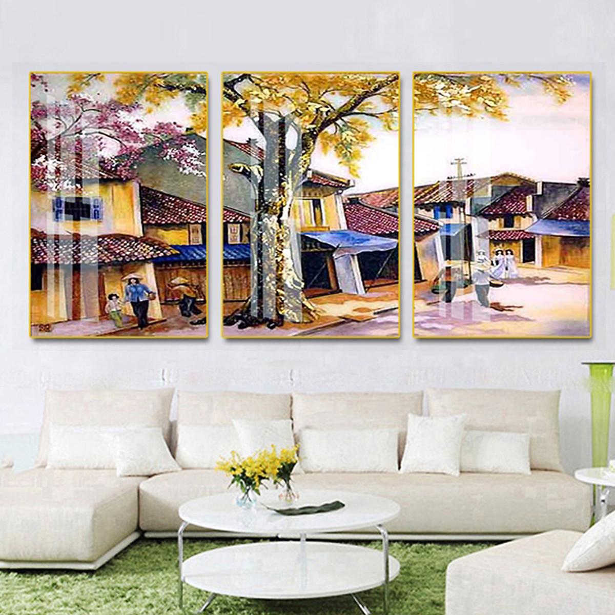 Tranh Tráng Gương Pha Lê Treo Tường Hiện Đại _ Tranh Bộ 3 Phong Cảnh Đồng Quê