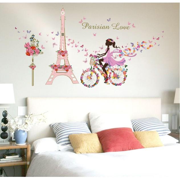 Decal trang trí Tháp Pasis Hồng Cô Gái Xe Đạp hoa A.H