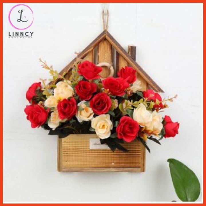 Giỏ hoa lụa treo tường hình ngôi nhà trang trí nhà cửa, cửa hàng, văn phòng, lớp học