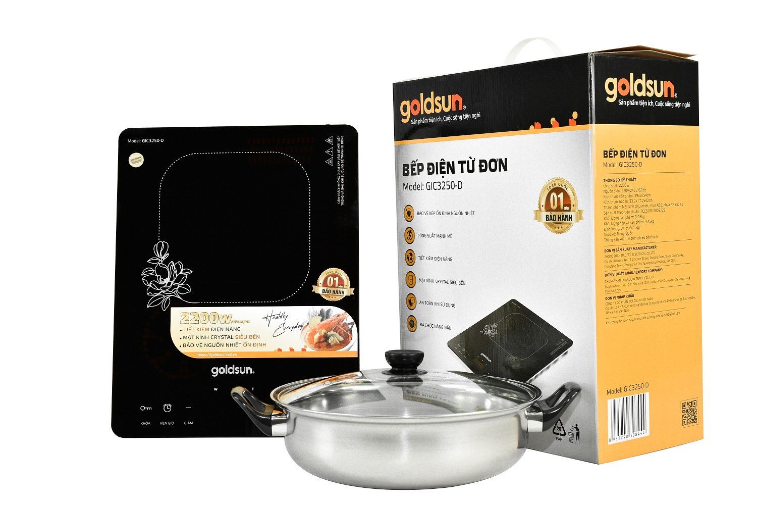 Bếp điện từ đơn Goldsun GIC3250-D Tặng Kèm Nồi Lẩu - Hàng Chính Hãng Bếp Từ Nồi Đồng Cối Đá Chuyên Dùng Cho Nhà Hàng Lẩu, Quán Ăn Nhanh