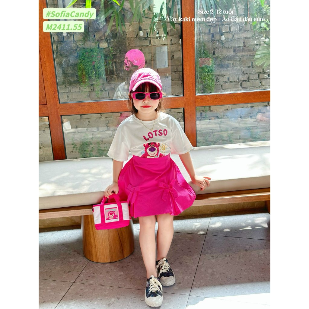 Set váy cho bé gái gấu dâu lotso đi hơi đi học năng động size 10-40kg hàng thiết kế cao cấp