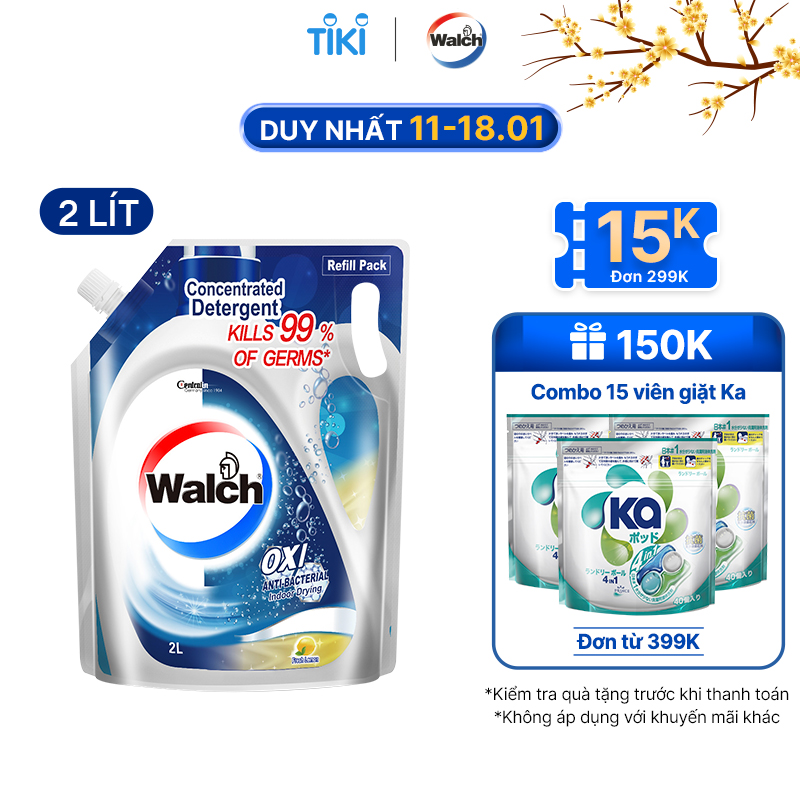 Túi nước giặt kháng khuẩn, khử mùi Walch 2L
