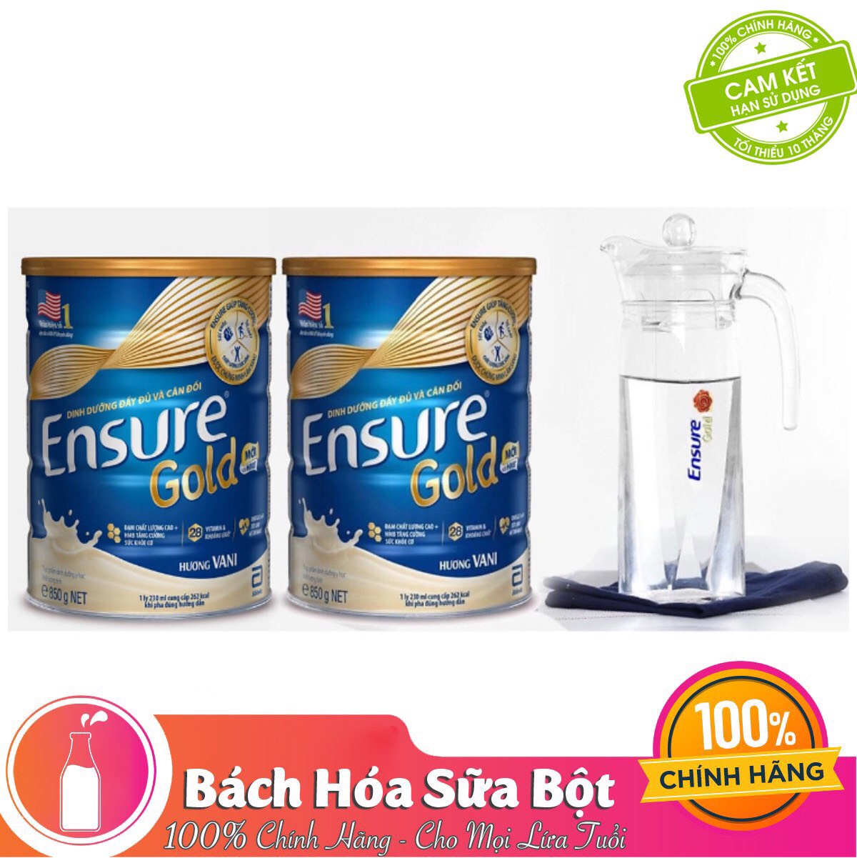 2 Hộp Sữa Bột Abbott Ensure Gold ESLA Dinh Dưỡng Đầy Đủ Và Cân Đối (850g) - Tặng Bình Thủy Tinh Luminarc Cao Cấp 1.3L