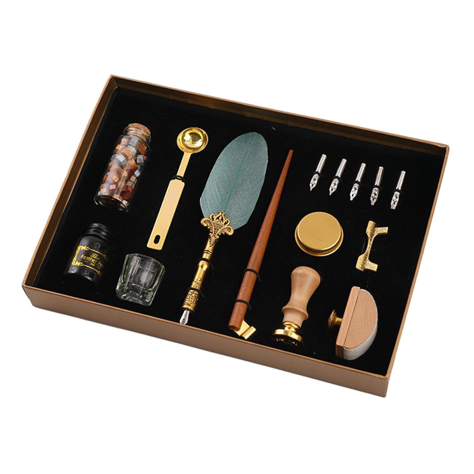 Fountain Pen Antique Quill Feather Dip Pen and Wax Seal Set Red Quill