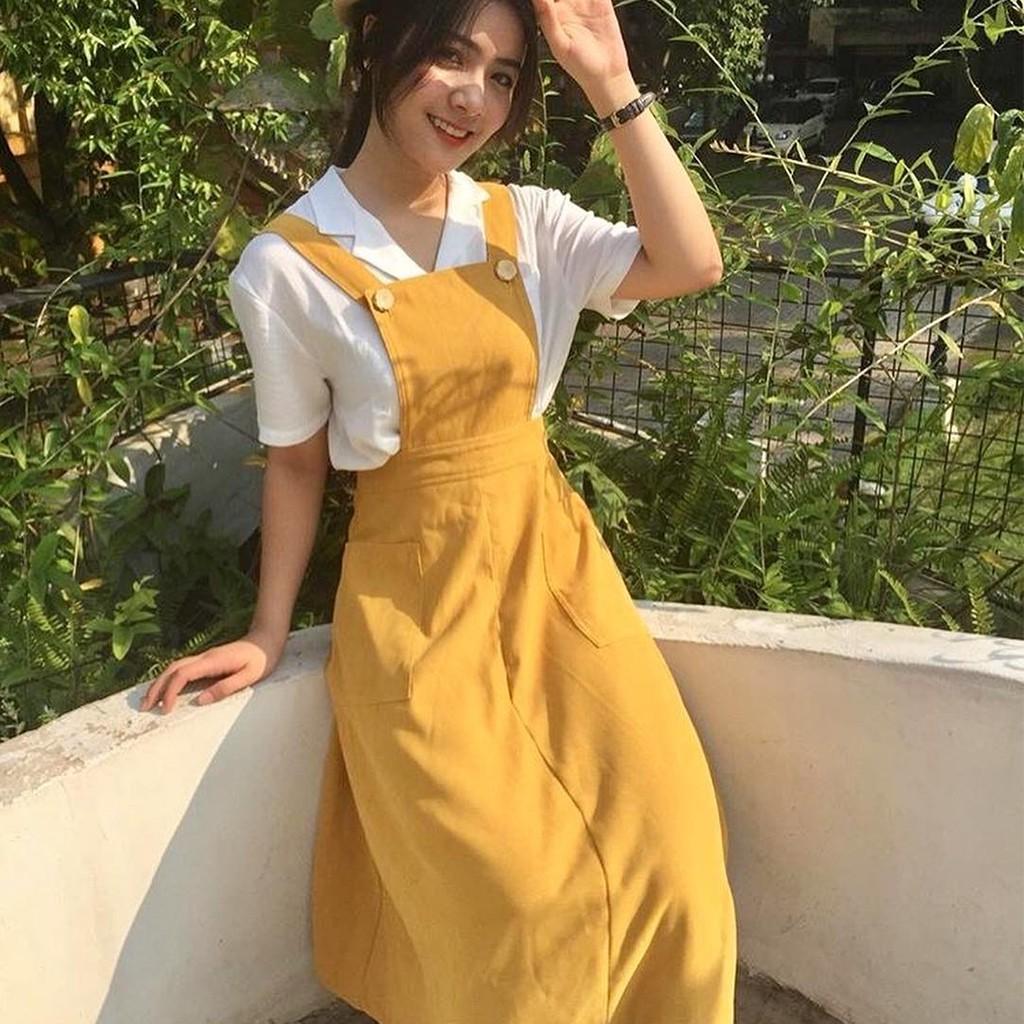 Set yếm yellow overall dress và áo sơ mi white basic