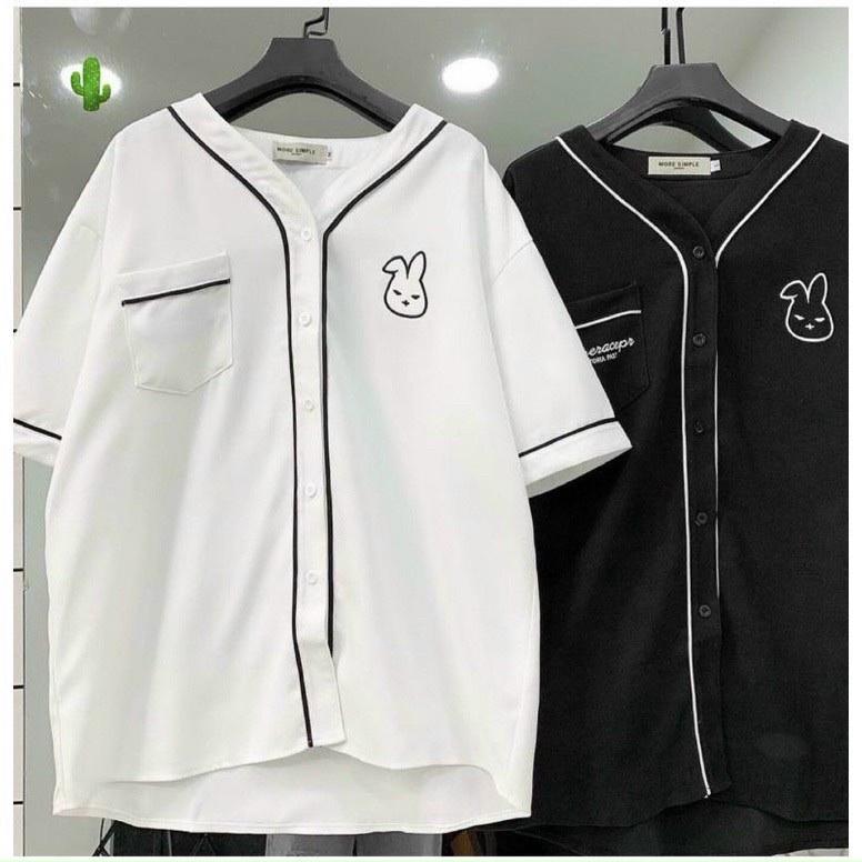 Áo Sơ Mi Tay Lỡ THÊU THỎ Chất Kate Form rộng Unisex Nam/Nữ Phong Cách Hàn Quốc Ulzzang