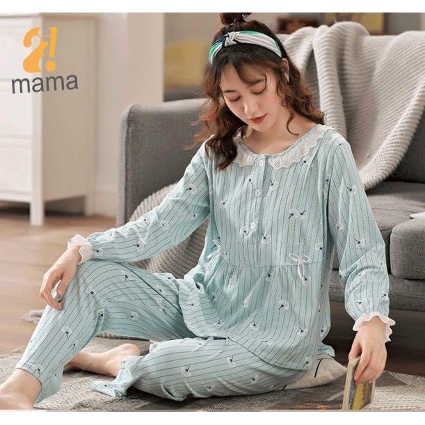 Bộ đồ bầu mặc nhà sau sinh 2mama dài tay, sọc kẻ chất cotton, có khoá ngực cho bé ti, quần có chun chỉnh bụng V019