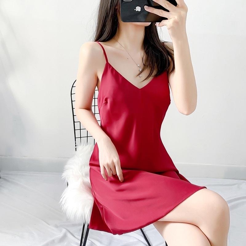 Váy ngủ nữ, váy 2 dây lụa VILADY - V128 dáng suông màu đỏ đô  chất liệu lụa Pháp cao cấp