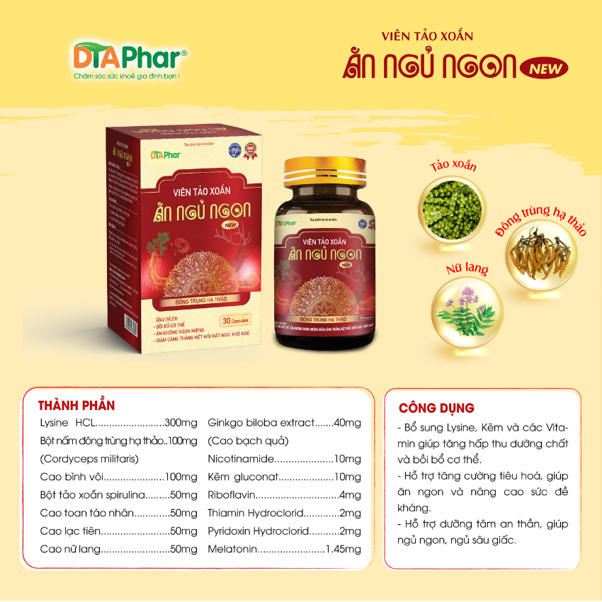 VIÊN TẢO XOĂN ĂN NGỦ NGON - Giúp Bồi Bổ Cơ Thể, Tăng Cường Tiêu Hoá, Giúp Ăn Ngon, An Thần, Giúp Ngủ Ngon, Ngủ Sâu Giấc