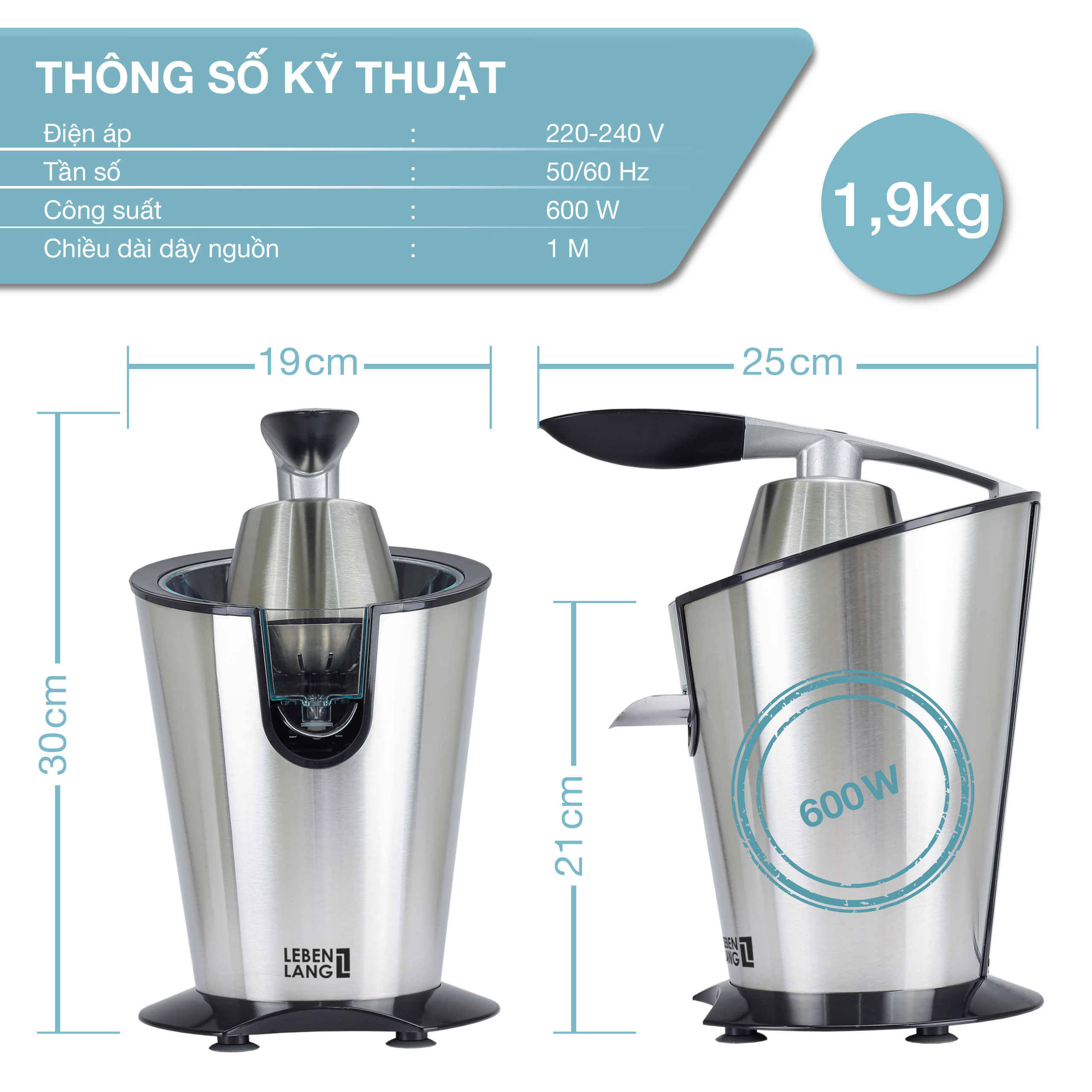 Máy vắt cam LEBENLANG LBC388 bằng inox cao cấp, dung tích 400ml, công suất 600W - hàng chính hãng