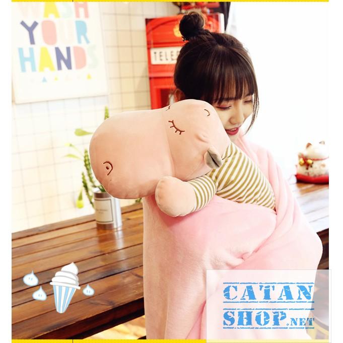 Gấu bông kèm mền, Gối mền Hà mã lười 3 trong 1, hàng siêu to, nỉ nhung cực mịn, chăn gối văn phòng