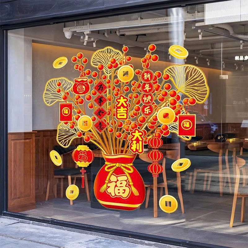 COMBO 2 Decal Trang Trí Tết 2026 Hít Tĩnh Điện | Chậu Đào Đông Đỏ Trang Trí Cửa Kính PVC- HÀNG CHÍNH HÃNG MINIIN