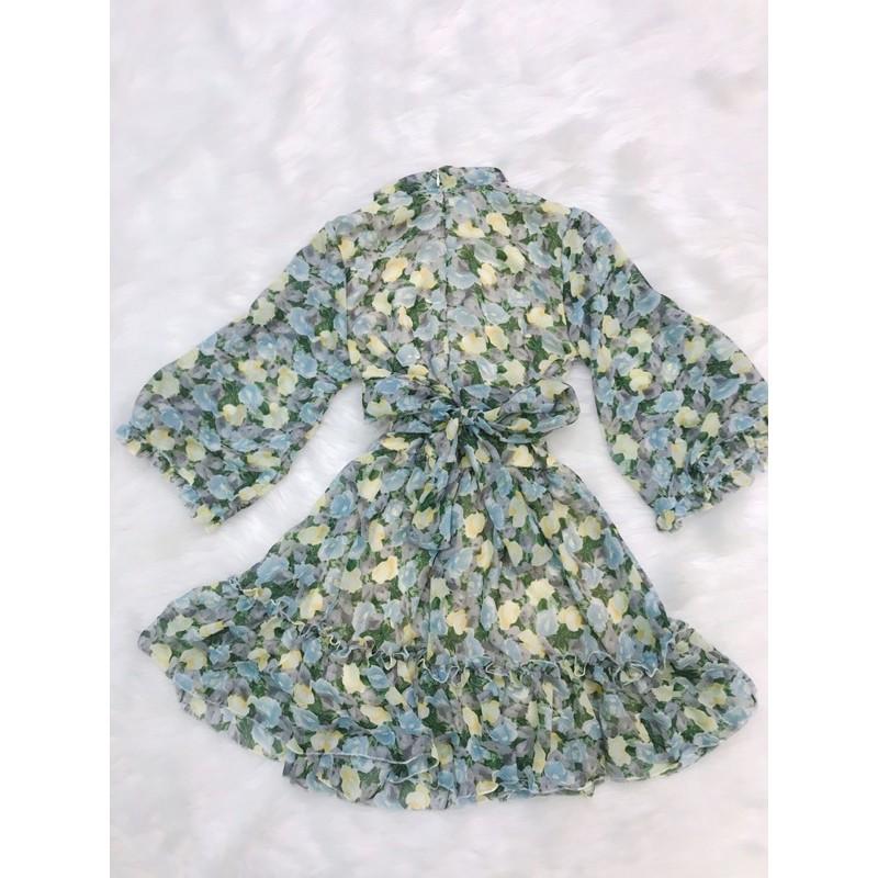 Đầm voan xoè hoạ tiết tay dài loe cột nơ phong cách tiểu thư dịu dàng quý phái kèm hình thật