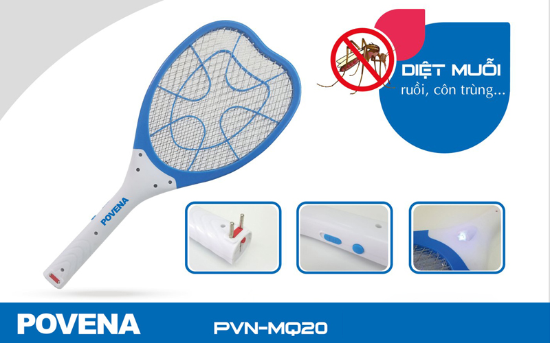 Vợt Muỗi Điện Povena PVN-MQ20 Xanh Dương - Hàng Chính Hãng