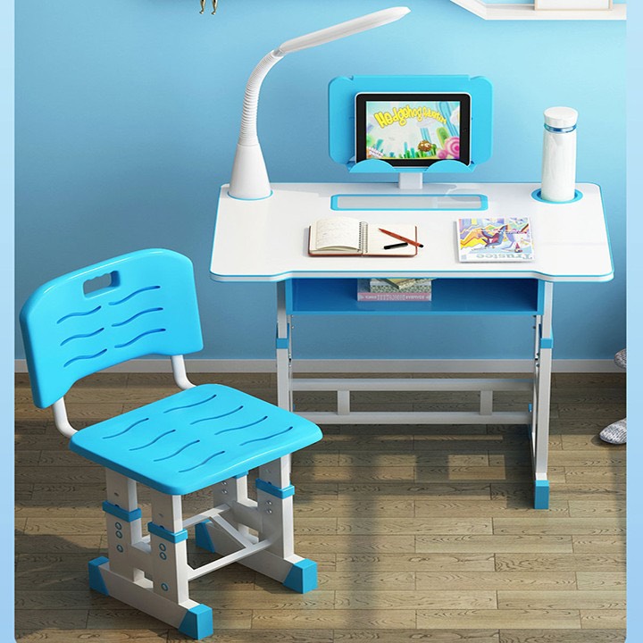 Bộ bàn ghế học sinh thông minh cho bé màu xanh chống gù chống cận có giá để sách và ipad tiện lợi K10