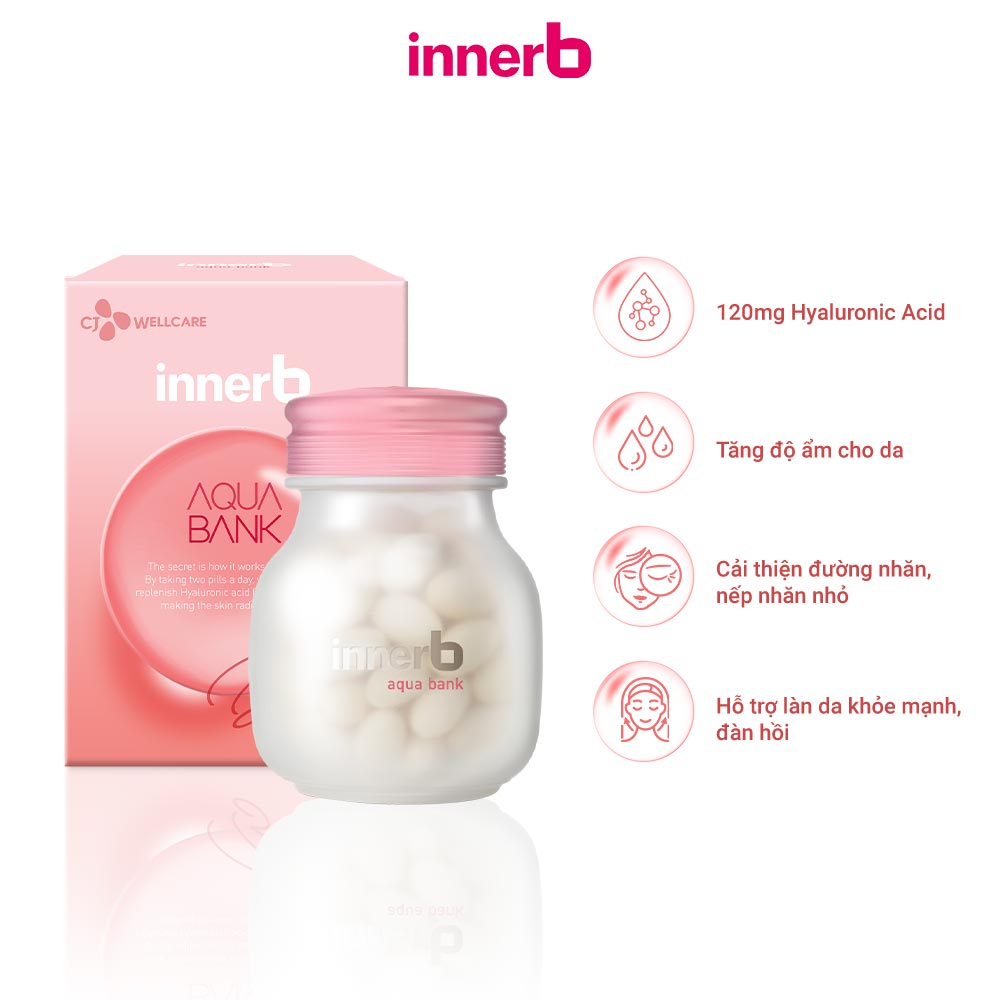 Bộ đôi giữ ẩm, sáng da InnerB Aqua Bank lọ 56 viên & nước uống Collagen hộp 6 chai (50ml*6) - Sản Phẩm Chính Hãng