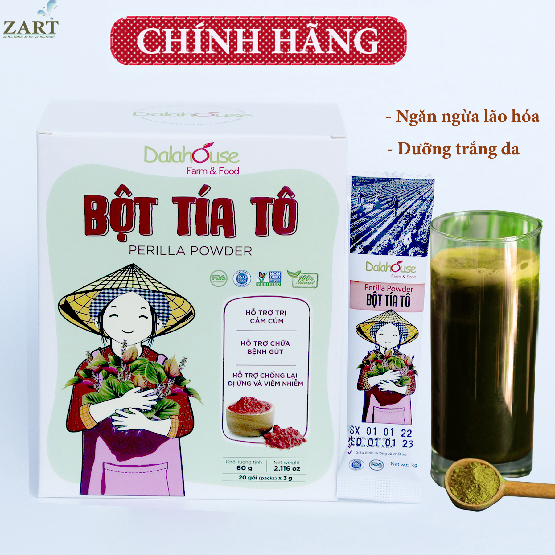 Bột Tía Tô Nguyên Chất Sấy Lạnh Dalahouse - Làm Trắng Sáng Da, Hỗ Trợ Tiêu Hóa _ Hộp 60g