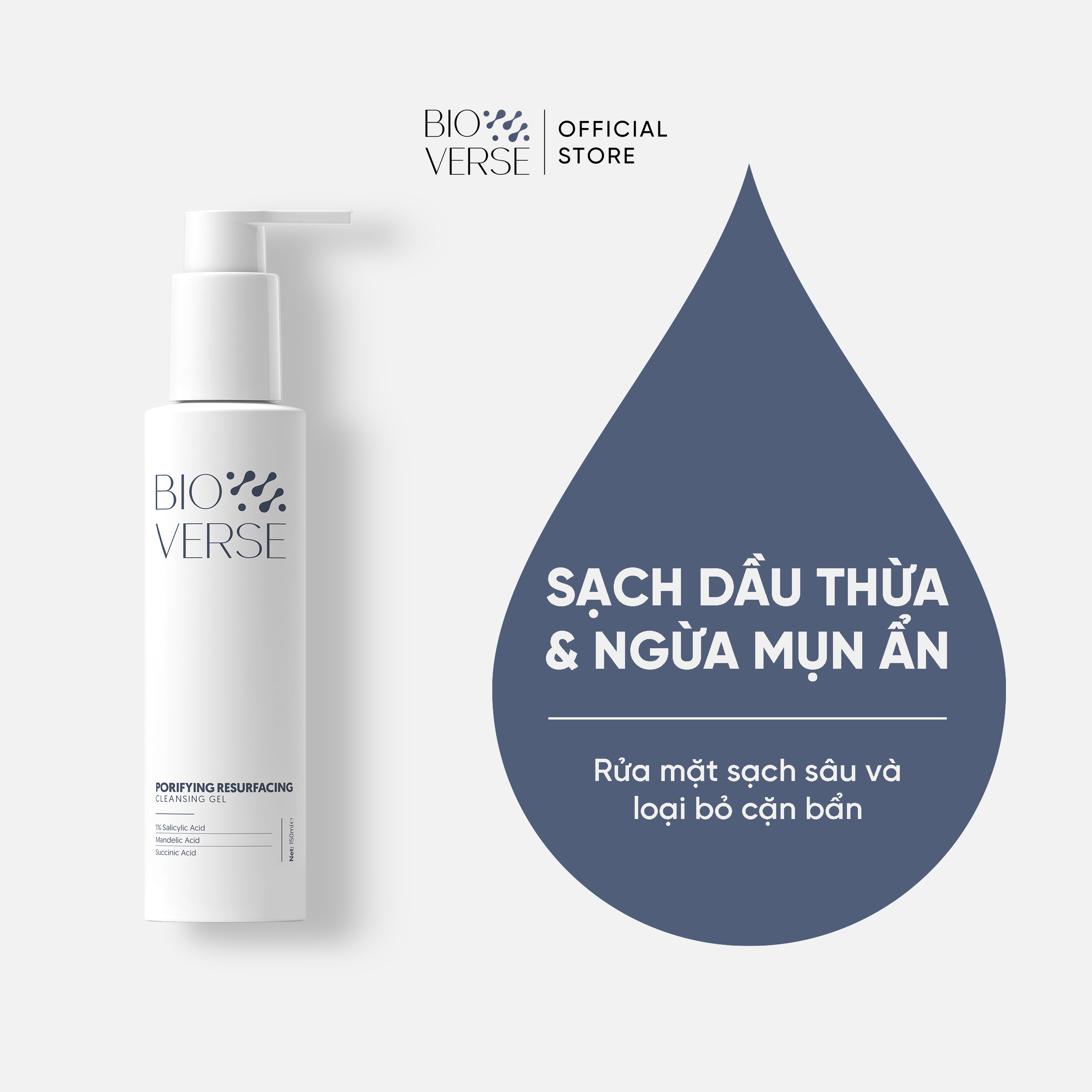 Sữa rửa mặt Bioverse làm sạch sâu & mềm da Porifying Resurfacing Cleansing Gel 150ml