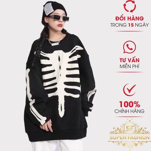 Áo sweater Nữ SUPER FASHION Chất Nỉ Dày Mịn Chui Đầu In Xương Form Rộng Mặc Đẹp Thoải Mái