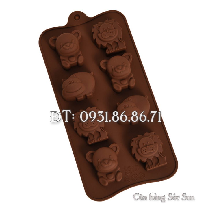 Khuôn silicon 8 con hà mã, sư tử, gấu – Mã số 1435
