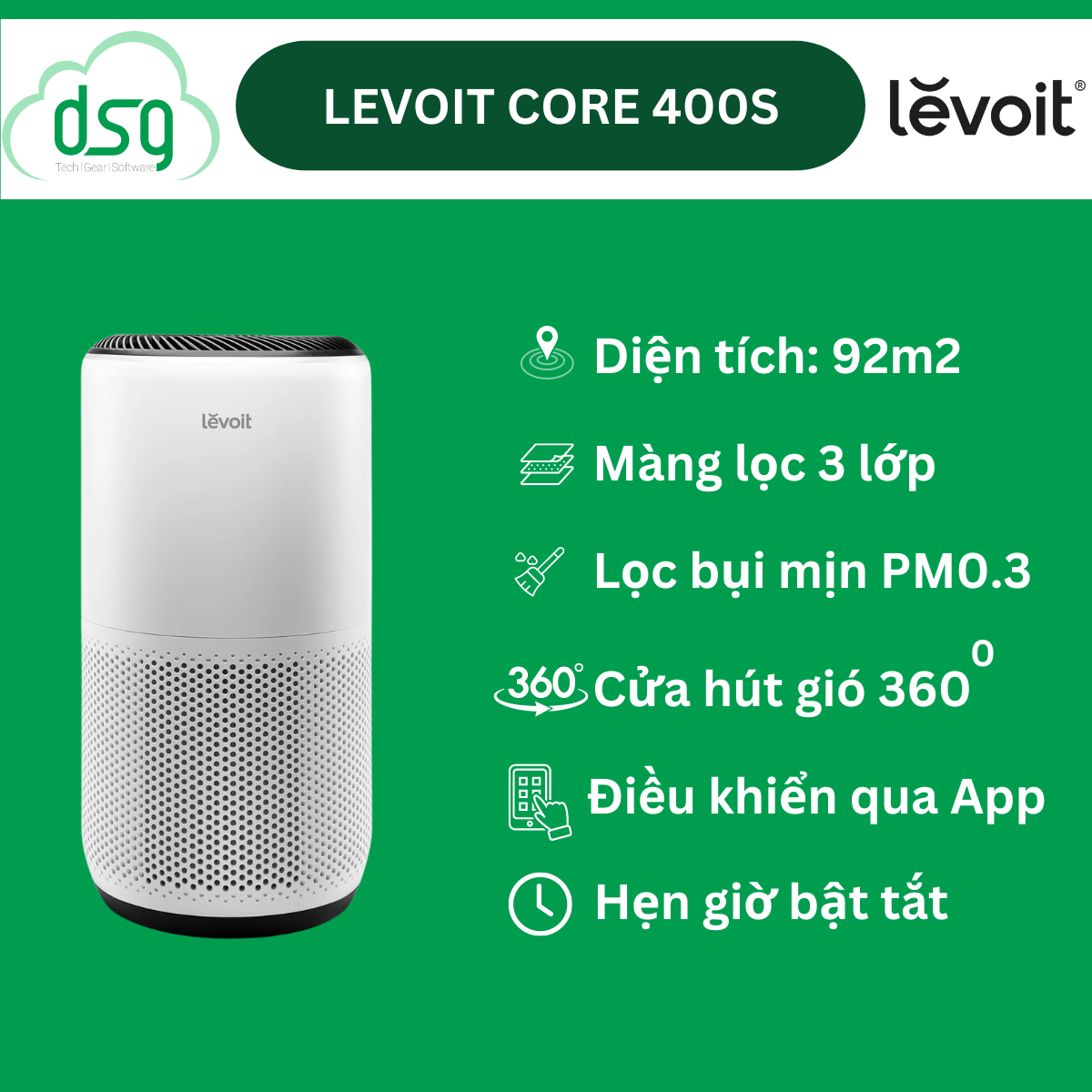 Máy Lọc Không Khí Levoit Core 400S 92m2 | Bộ Lọc HEPA 13 Lọc Bụi Mịn | Hàng Chính Hãng