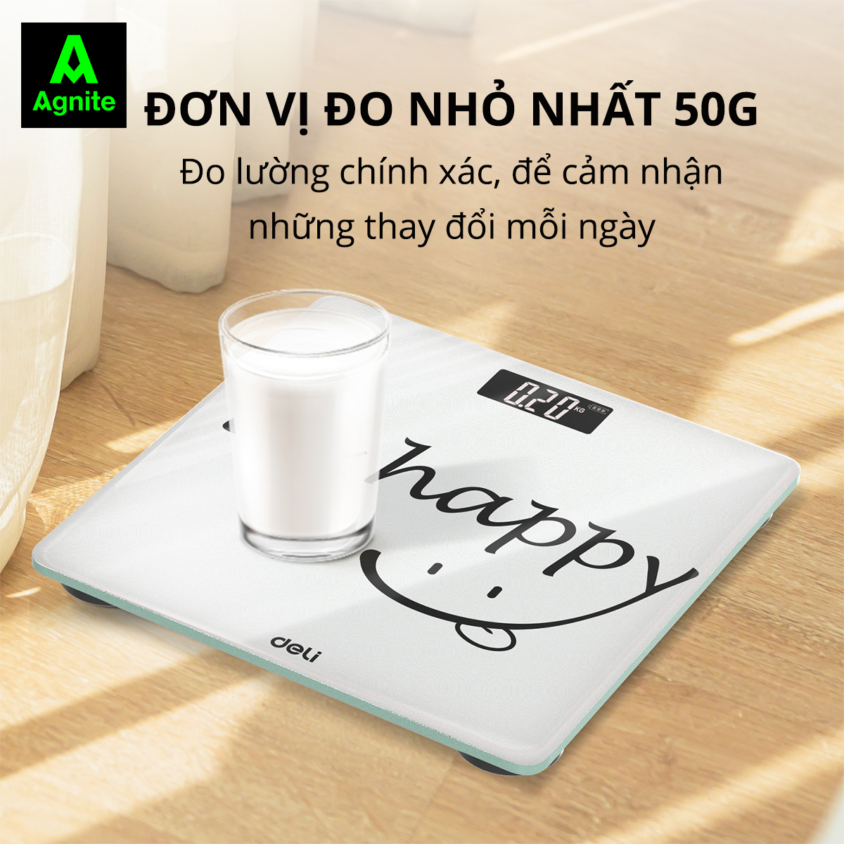 Cân Điện Tử Sức Khoẻ Thể Thao Thông Minh Mặt Vuông Kính Cường Lực Chịu Lực 180Kg Agnite x Deli - Nhiều Màu Sắc - E86120