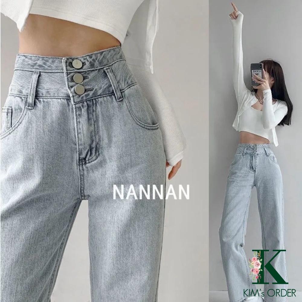 Quần Jean Nữ Cạp 3 Cúc Màu Xanh Bạc Lưng Cao Ống Suông Dài Phom Rộng Phong Cách Hàn Quốc Chất Vải Co Dãn Cao Cấp Loại 1
