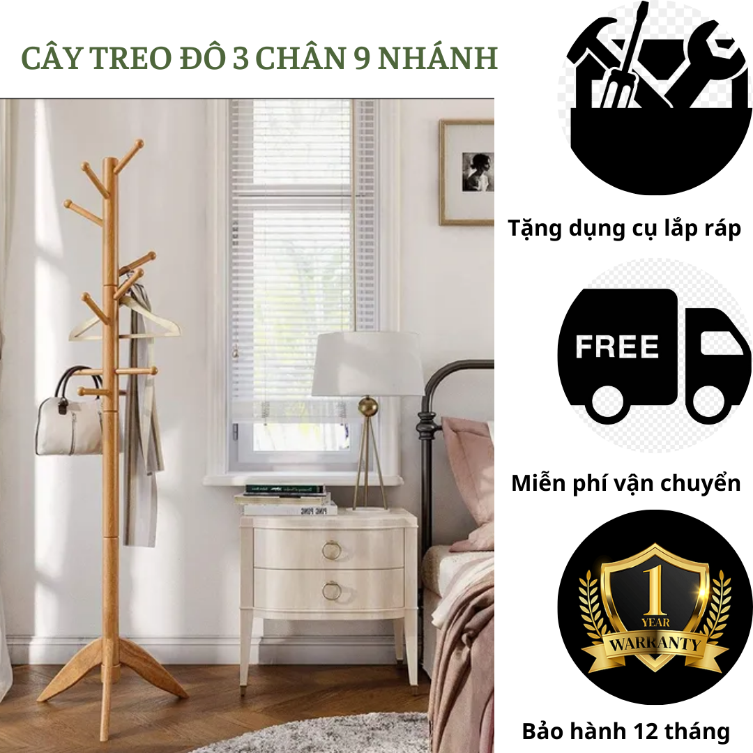 Cây treo quần áo 3 chân 9 nhánh-cây treo đồ bằng gỗ cao su thiên nhiên chịu tải trọng đến 30kg