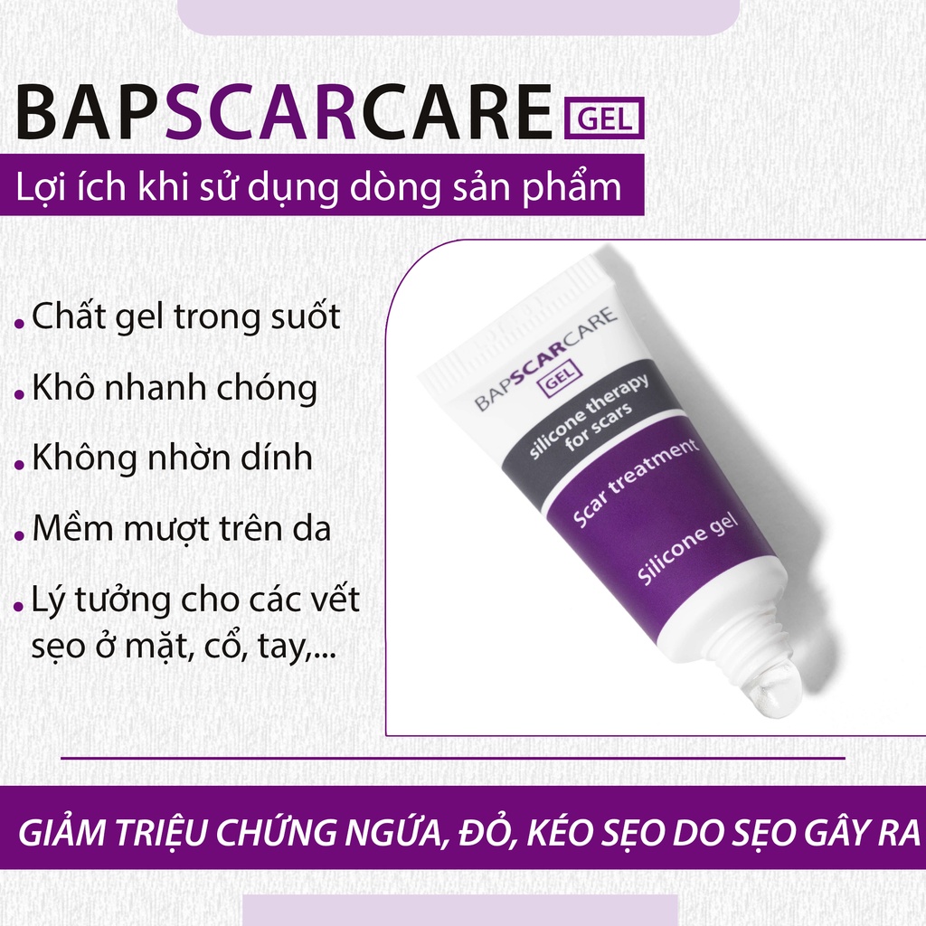 Kem sẹo Bapscarcare cao cấp - Gel sẹo silicone giúp làm mờ và ngăn ngừa các vết sẹo bất thường hiệu quả (Tuýp 15g)