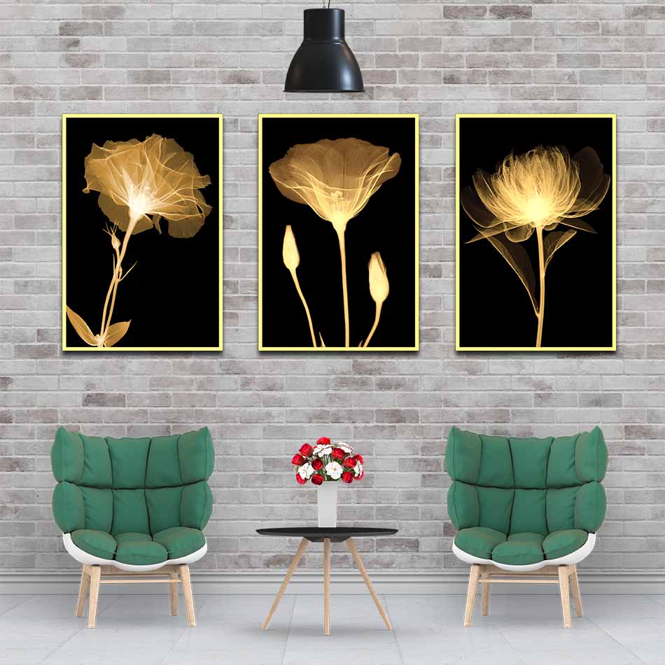 Bộ 3 tranh decor hoa vàng kim-DC016