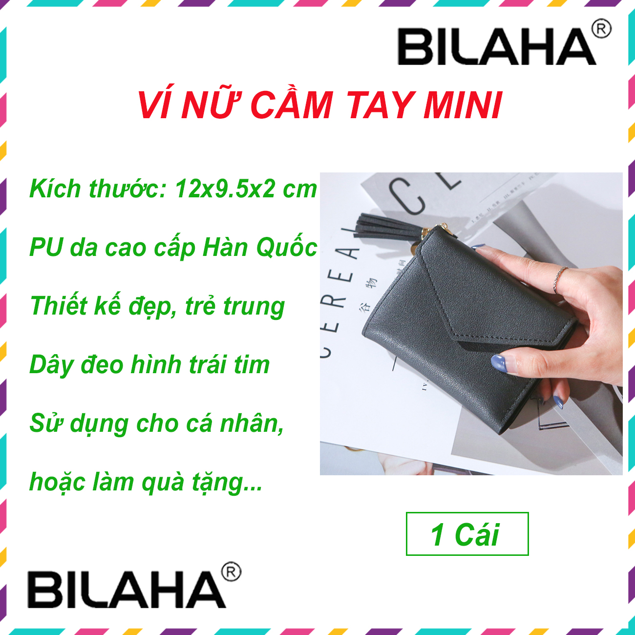Ví Nữ Mini Ngắn Cầm Tay Phong Cách Hàn Quốc phụ kiện dây đeo trái tim (có hàng sẵn) (Hàng Chính Hãng)