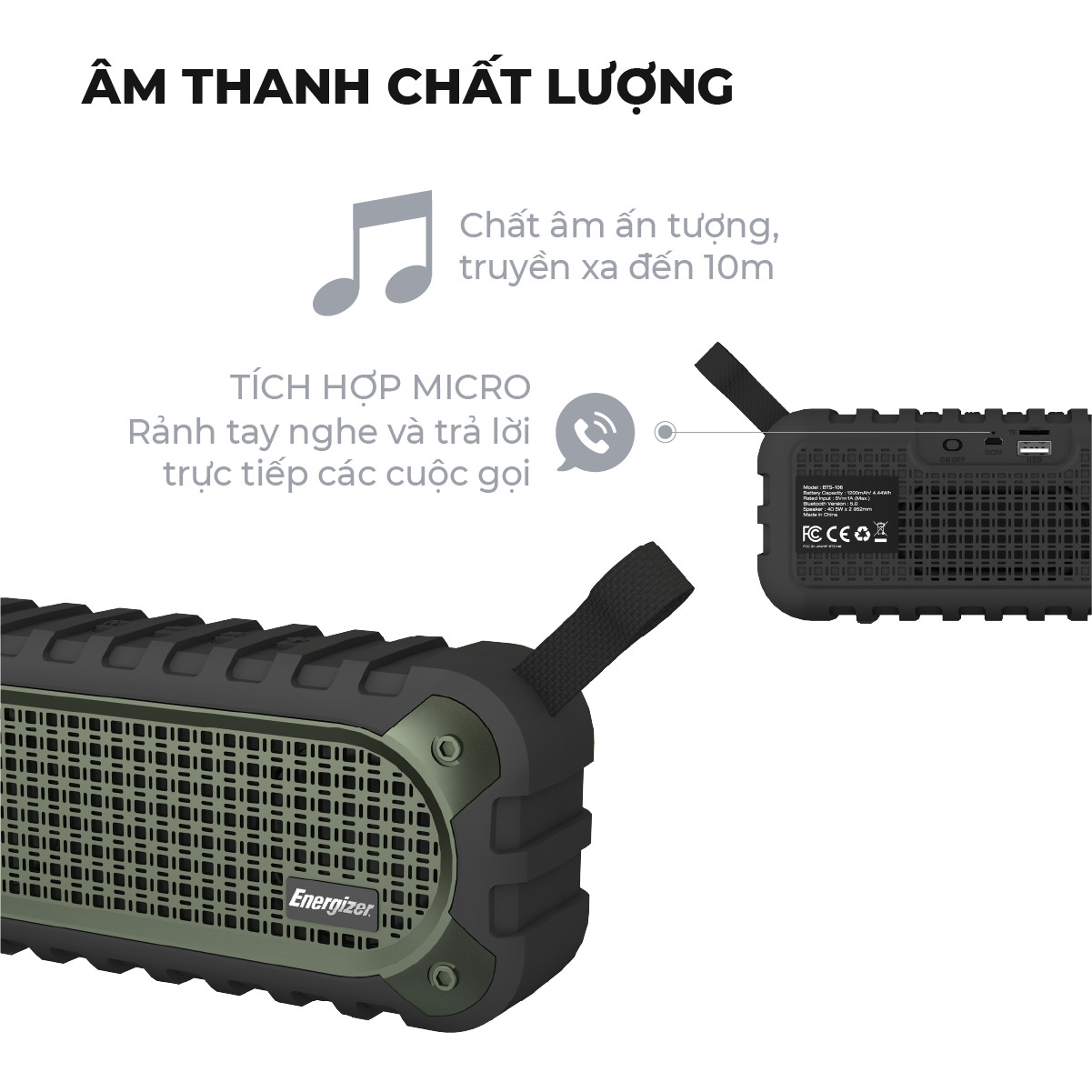 Loa Bluetooth di động Energizer BTS-106 kiêm sạc dự phòng - Kết nối bluetooth 5.0, Tích hợp micro, hỗ trợ FM radio, thẻ Micro SD, cổng sạc USB-A - HÀNG CHÍNH HÃNG