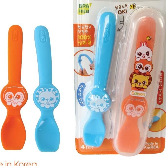 Đồ dùng ăn dặm cho bé MADE IN KOREA Set 2 thìa silicone cho bé ăn dặm Edison set hình Cú, Sư tử và Set hình Thỏ, Cú 6896