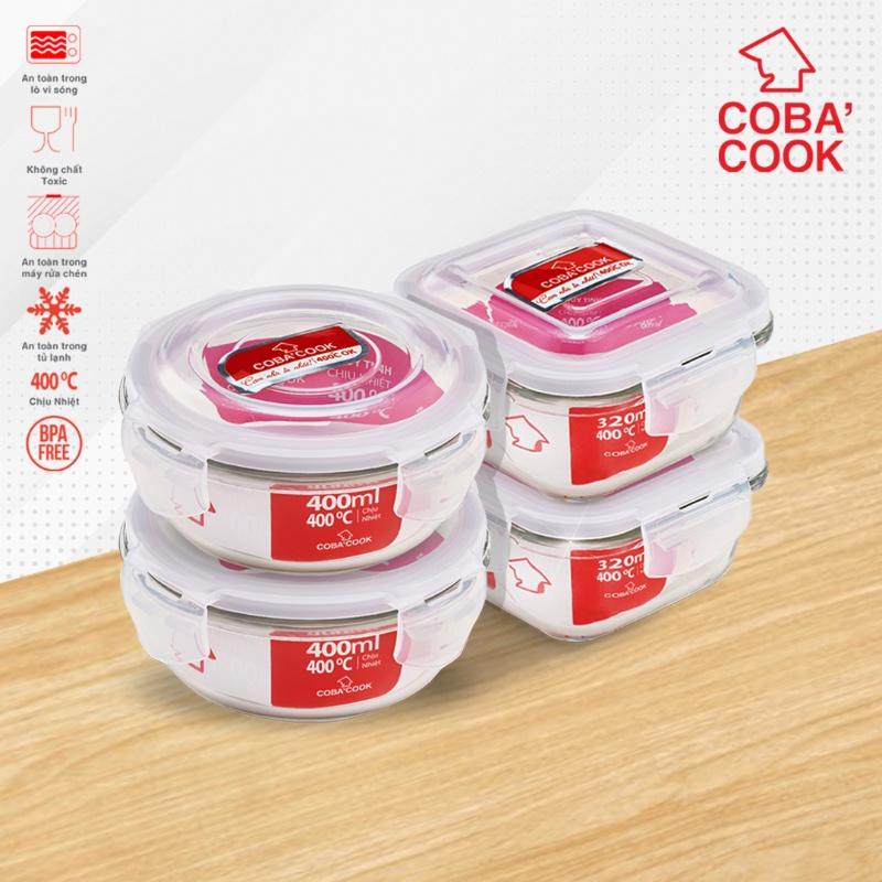 Bộ 4 hộp đựng cơm thức ăn,trữ thực phẩm thủy tinh chịu nhiệt COBA'COOK 2 hộp vuông 320ml + 2 hộp tròn 400ml- CCR4S34