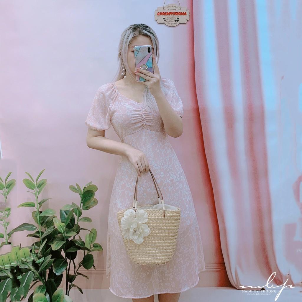 Đầm hoa vai chun dún ngực