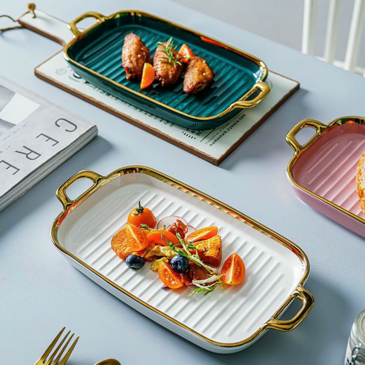 Đĩa sứ chữ nhật to - Đĩa sứ đẹp 2 tay cầm viền vàng cực chảnh - Đĩa sứ đựng thức ăn cho nhà hàng, gia đình