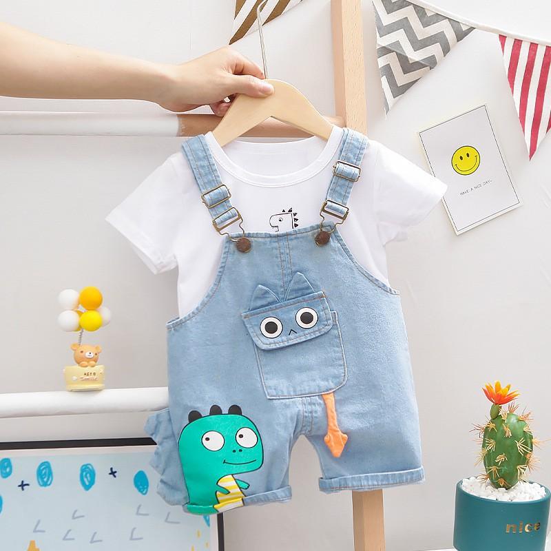Set áo thun và quần yếm in khủng long cho bé trai và bé gái từ 0-4 tuổi -