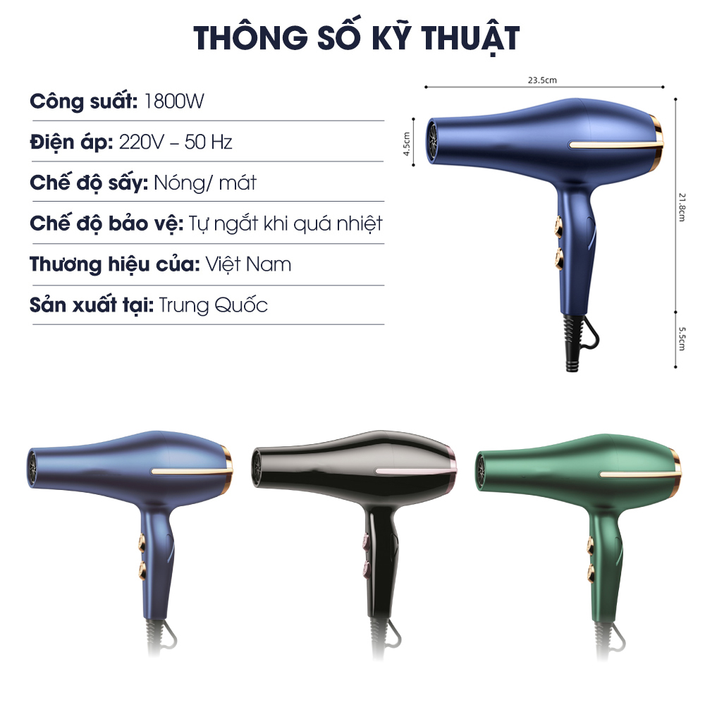 Máy sấy tóc công suất lớn 1800W, 6 chế độ tuỳ chỉnh tạo kiểu tóc chuyên nghiệp 2 chiều nóng lạnh