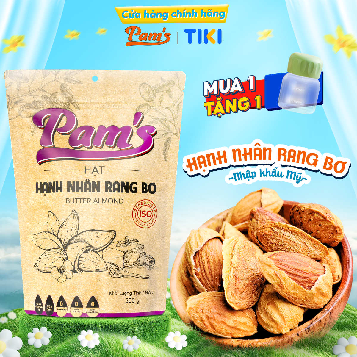 Hạnh Nhân Rang Bơ Pams, Nhập Khẩu Mỹ Vỏ Mỏng Chất Lượng, Không Cholesterol, Dùng Ăn Kiêng – 500g
