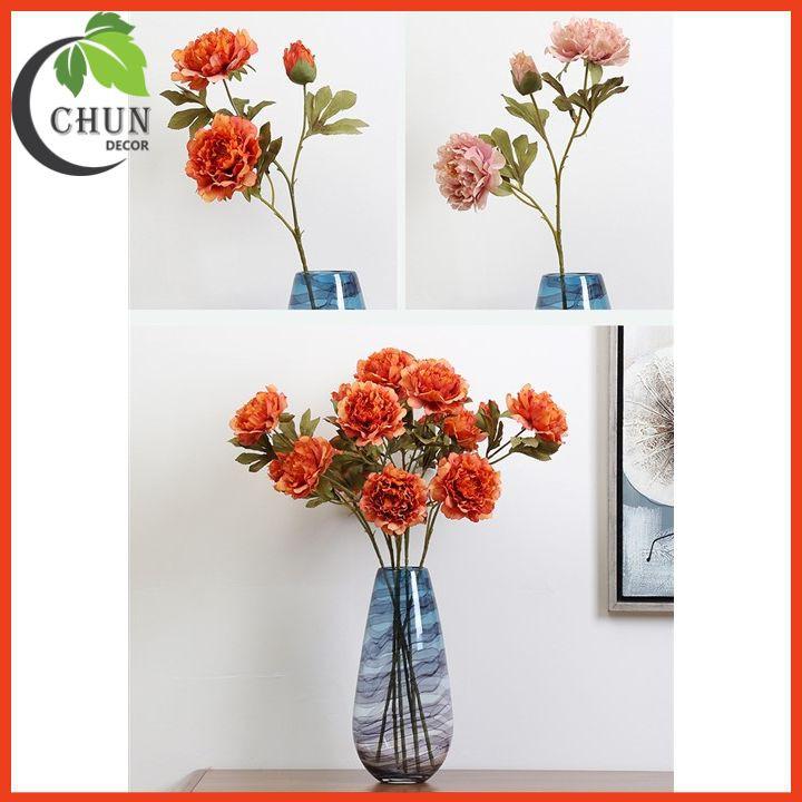 Hoa lụa cao cấp, cành hoa mẫu đơn 2 bông 1 nụ dài 70cm