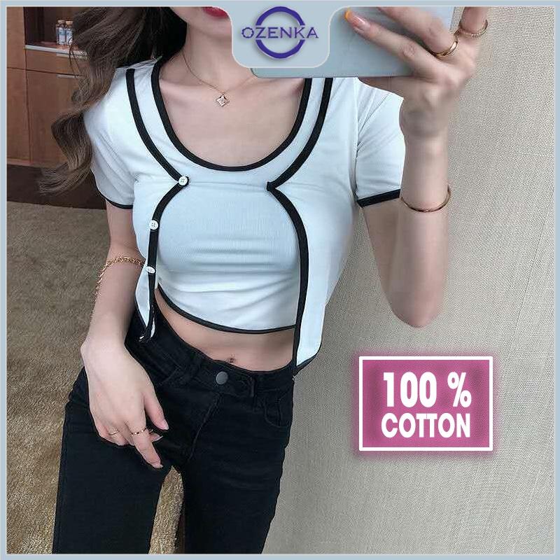 Áo croptop kiểu 2 lớp phối viền cộc tay nữ ozenka , áo thun crt ngắn ôm body cotton màu đen trắng mặc đi học đi chơi