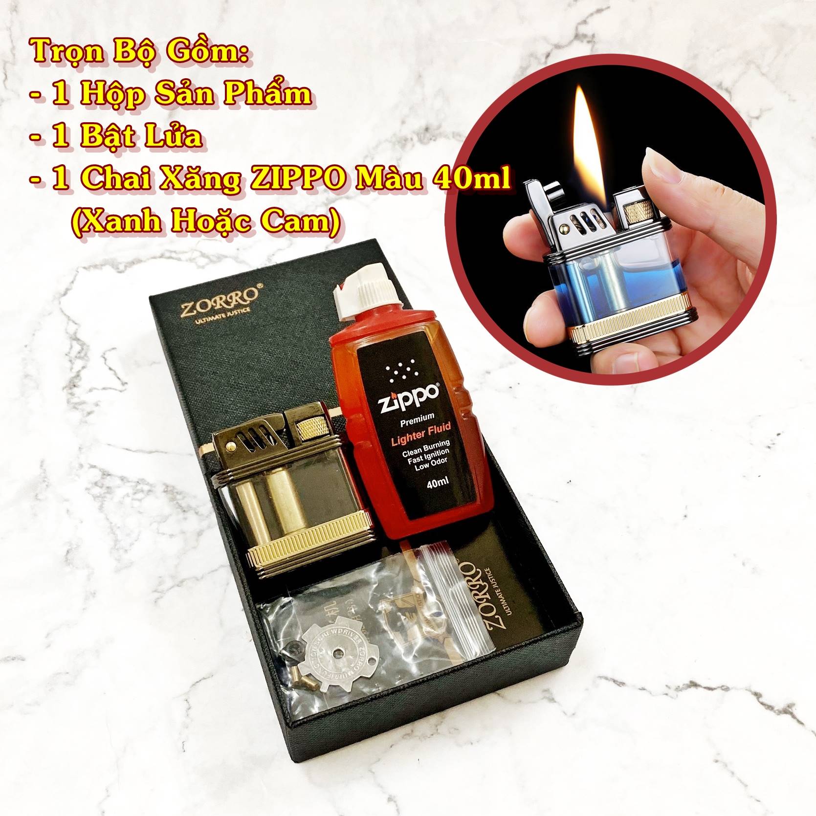 SET Bật lửa hột quẹt xăng lộ thiên Z716 tặng kèm chai xăng - xài xăng